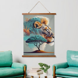 African Safari Lion Head Wandteppich Mit Holzrahmen