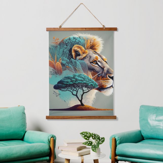 African Safari Lion Head Wandteppich Mit Holzrahmen (Wohnzimmer)