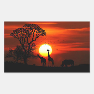 African Safari Sunset Animal Silhouetten Rechteckiger Aufkleber