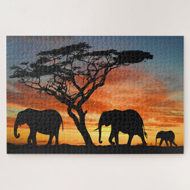 African Safari Sunset Elephant Silhouette Art (Horizontal)