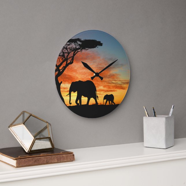 African Safari Sunset Elephant Silhouette Art Große Wanduhr (Büro)