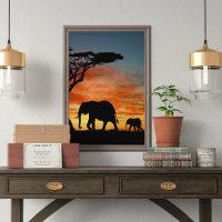 African Safari Sunset Elephant Silhouette Art