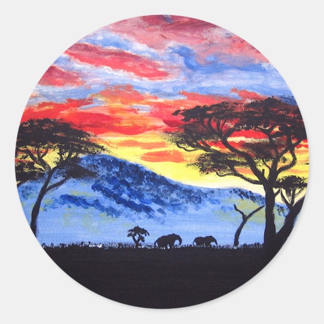 African Sunset Safari Animal Silhouette Malerei Runder Aufkleber (Vorderseite)