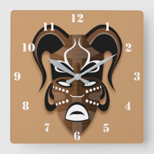 AFRICAN TRIBAL MASK IN CHOCOLATE BROWN QUADRATISCHE WANDUHR