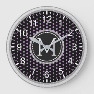 African Violet Polka Dots Modern Monogram Große Wanduhr