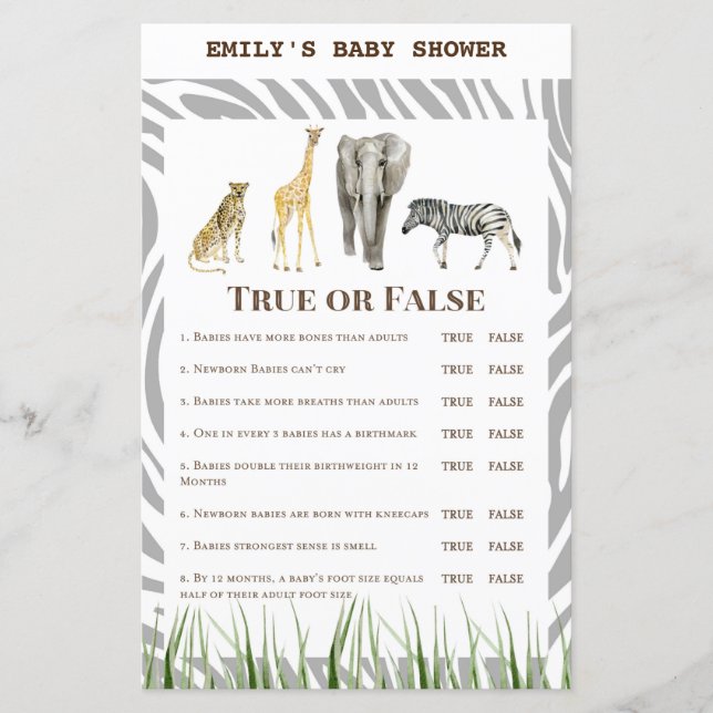 African Wild Baby Shower Game PRINTED (Vorderseite)