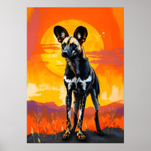 African Wild Dog at Sunset - Kühne Wildlife Art Poster