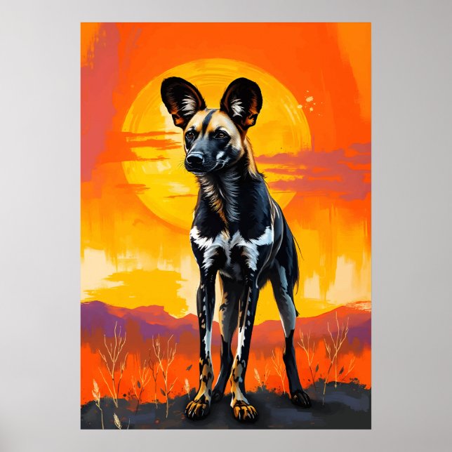 African Wild Dog at Sunset - Kühne Wildlife Art Poster (Vorne)