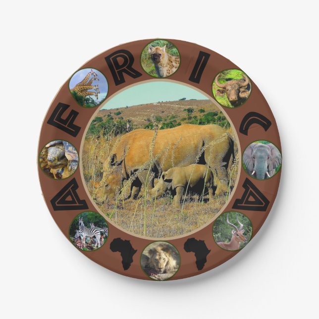 African Wildlife Circle Collage Rhino Reeds Pappteller (Vorderseite)