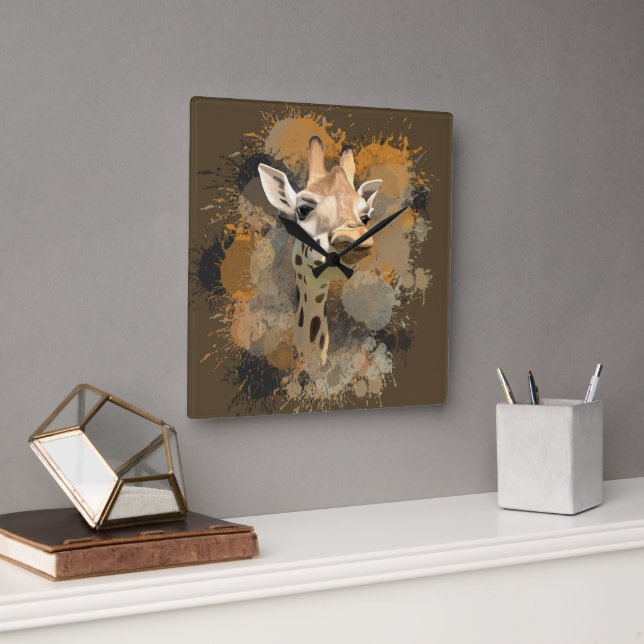 African Wildlife Giraffe Abstrakt Paint Spritzer Quadratische Wanduhr (Büro)