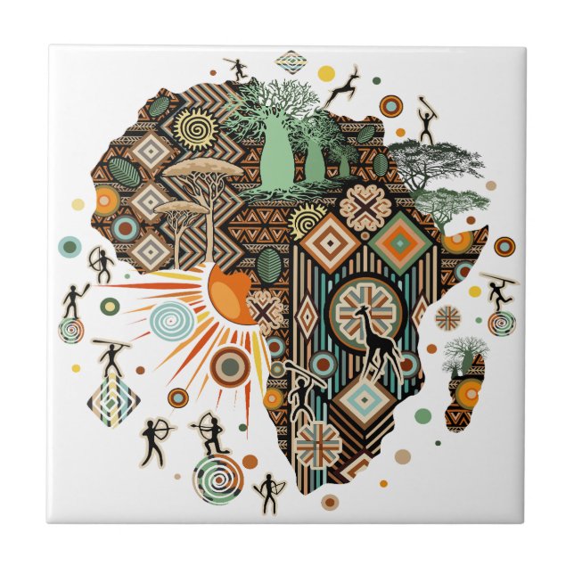 Afrika-Karte Dekorative Stammes-Elemente Muster Fliese (Vorderseite)