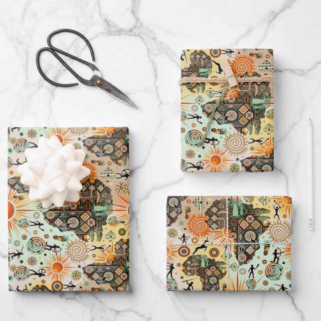 Afrika-Karte Dekorative Stammes-Elemente Muster Geschenkpapier Set (Vorderseite)