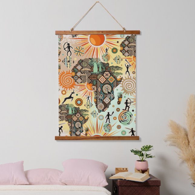 Afrika-Karten-Dekorative Stammes-Elemente-Muster Wandteppich Mit Holzrahmen (Schlafzimmer)
