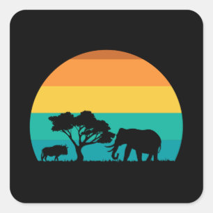 Afrika Sonnenuntergang mit Elefanten und Gnu Retro Quadratischer Aufkleber