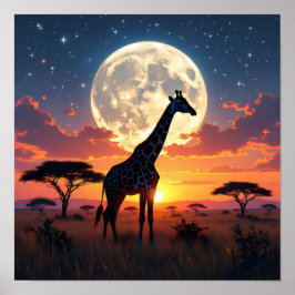 Afrika-Sonnenuntergang-Mond-Giraffen-Poster Poster