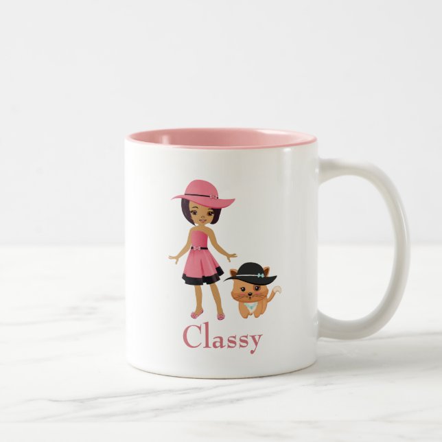 Afrikanisch-Amerikanerin mit Katze Zweifarbige Tasse (Rechts)