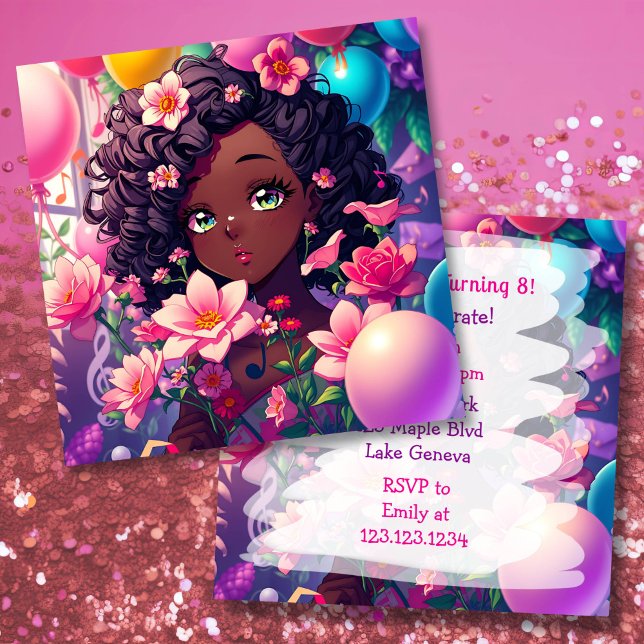 Afrikanisch-amerikanische Anime Girl Birthday Einladung (Von Creator hochgeladen)