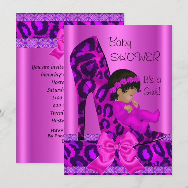 Afrikanisch-amerikanische Babydusche Girl Pink Leo Einladung (Vorne/Hinten)