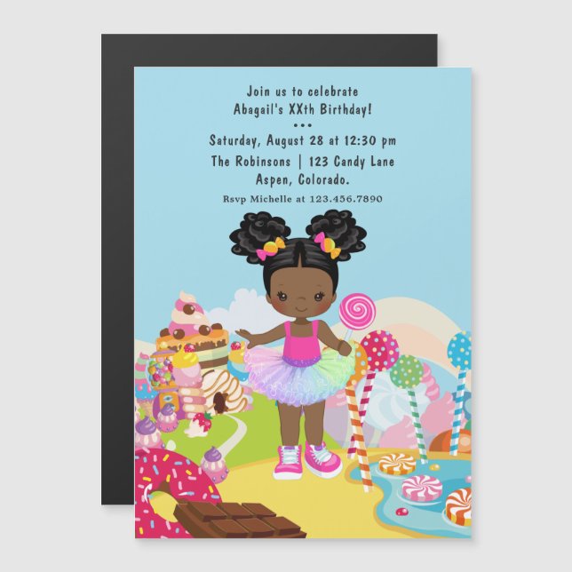Afrikanisch-amerikanische Candy Land Girl Birthday Magneteinladung (Vorne/Hinten)