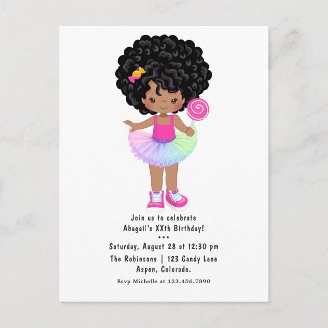 Afrikanisch-amerikanische Candyland-Girl-Geburtsta Postkarte (Vorderseite)