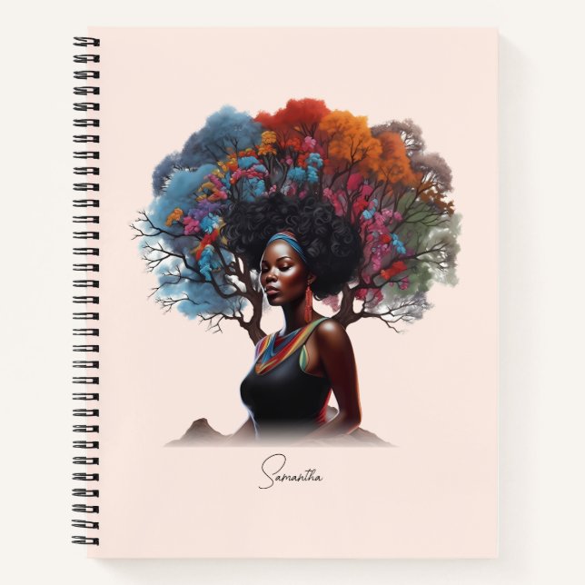 Afrikanisch-amerikanische Frau mit baumgeschmückte Notizbuch (Vorderseite)