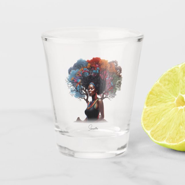 Afrikanisch-amerikanische Frau mit baumgeschmückte Schnapsglas (Vorderseite)