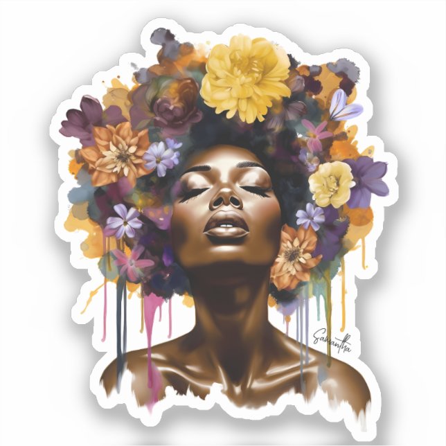 Afrikanisch-amerikanische Frau mit geblümtem Afro- Aufkleber (Vorderseite)