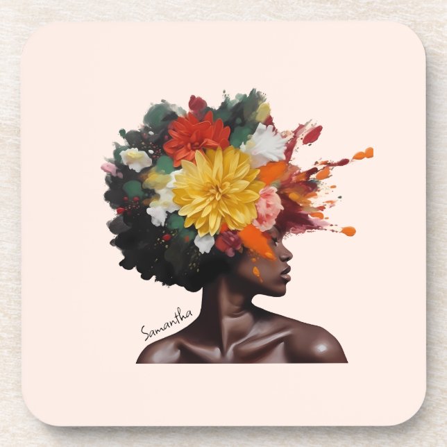Afrikanisch-amerikanische Frau mit geblümtem Afro- Getränkeuntersetzer (Vorderseite)