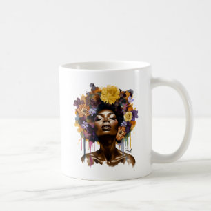Afrikanisch-amerikanische Frau mit geblümtem Afro- Kaffeetasse
