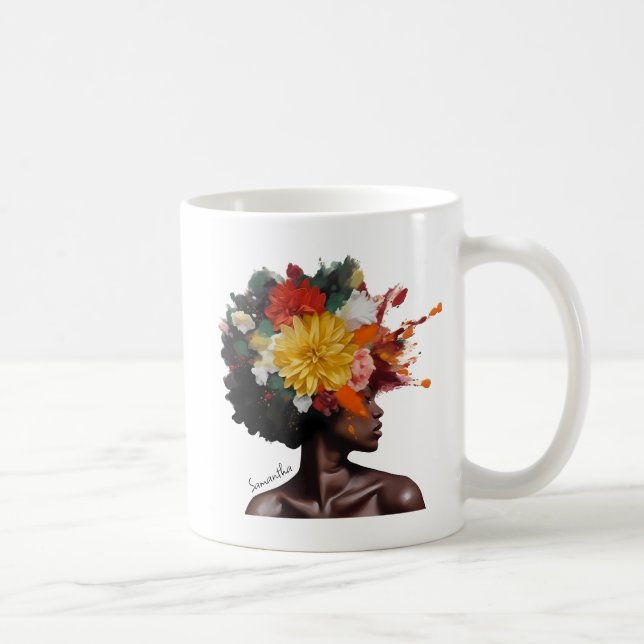 Afrikanisch-amerikanische Frau mit geblümtem Afro- Kaffeetasse (Rechts)