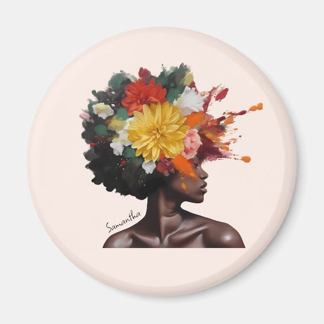 Afrikanisch-amerikanische Frau mit geblümtem Afro- Magnet (Vorne)