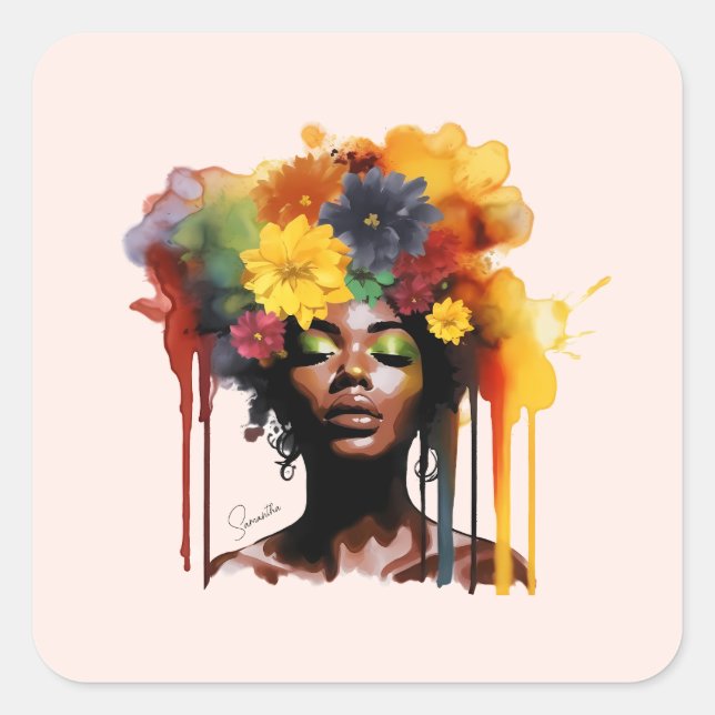 Afrikanisch-amerikanische Frau mit geblümtem Afro- Quadratischer Aufkleber (Vorderseite)