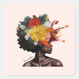 Afrikanisch-amerikanische Frau mit geblümtem Afro- Quadratischer Aufkleber