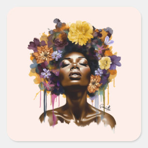 Afrikanisch-amerikanische Frau mit geblümtem Afro- Quadratischer Aufkleber
