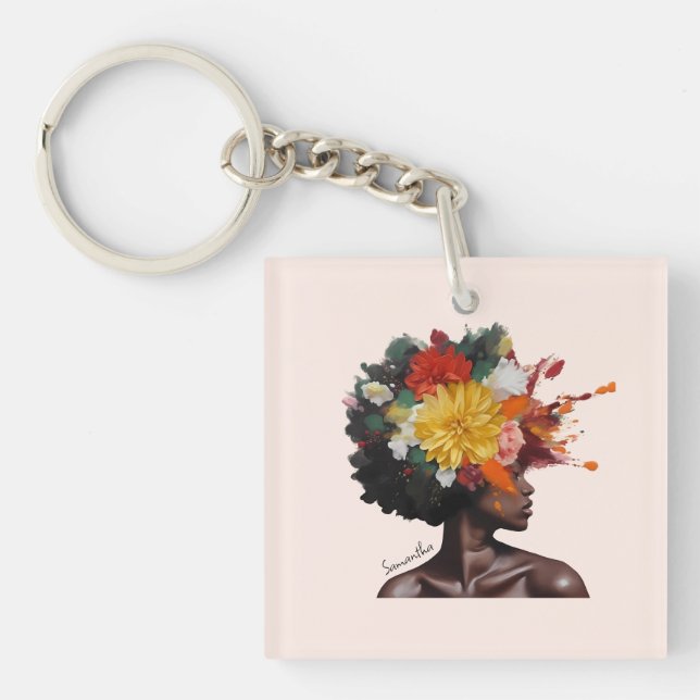 Afrikanisch-amerikanische Frau mit geblümtem Afro- Schlüsselanhänger (Vorderseite)