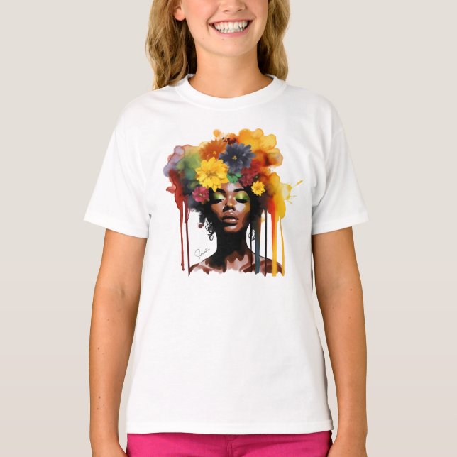 Afrikanisch-amerikanische Frau mit geblümtem Afro- T-Shirt (Vorderseite)