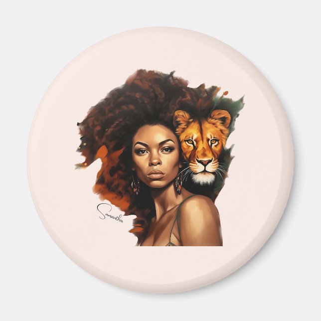 Afrikanisch-amerikanische Frau mit Majestic Lion Magnet (Vorne)