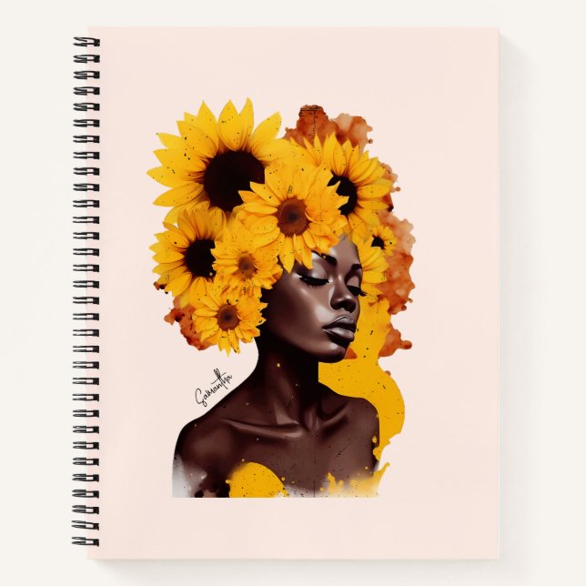 Afrikanisch-amerikanische Frau mit Sonnenblume Afr Notizbuch (Vorderseite)