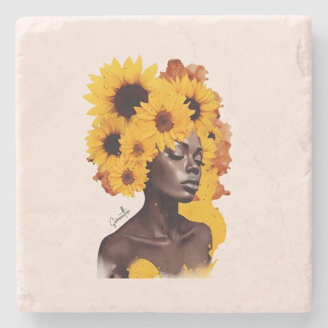 Afrikanisch-amerikanische Frau mit Sonnenblume Afr Steinuntersetzer (Vorderseite)