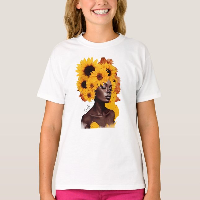 Afrikanisch-amerikanische Frau mit Sonnenblume Afr T-Shirt (Vorderseite)