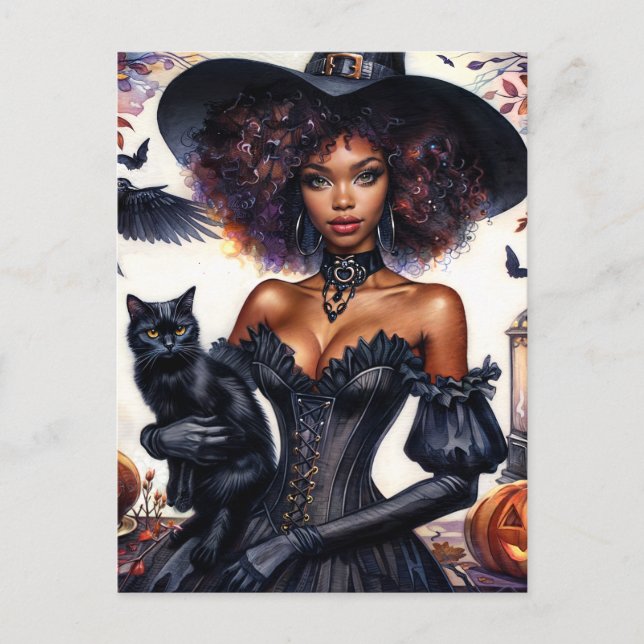 Afrikanisch-Amerikanische Hexe mit schwarzem Katze Postkarte (Vorderseite)