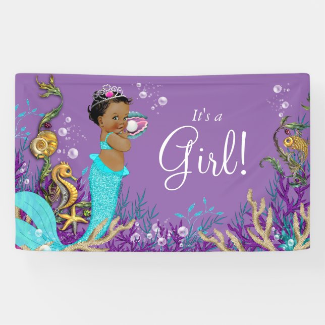 Afrikanisch-amerikanische Meerjungfrau Kinderdusch Banner (Horizontal)