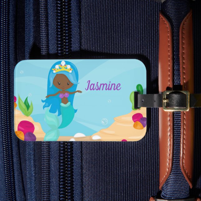 Afrikanisch-amerikanische Mermaid Niedliche Kids Gepäckanhänger (Vorderseite Insitu 4)