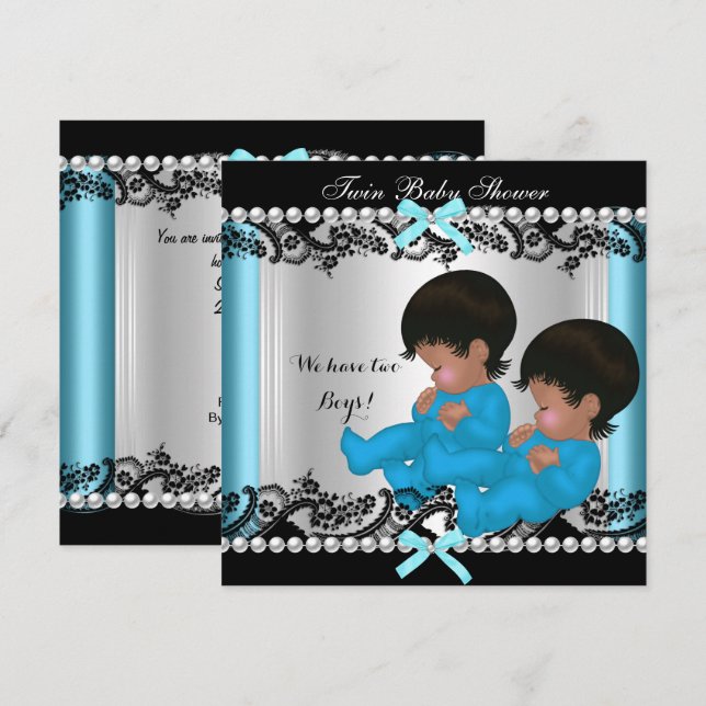 Afrikanisch-Amerikanischer Twin Boys Baby Dusche B Einladung (Vorne/Hinten)