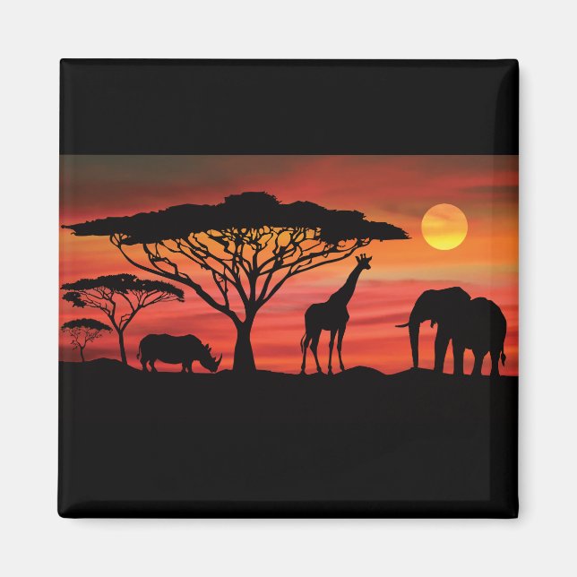 Afrikanisch-Tiere und Sonnenuntergang Magnet (Vorne)
