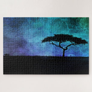 Afrikanische Akazienbaumlandschaft in Blau und Lil