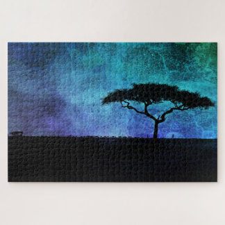 Afrikanische Akazienbaumlandschaft in Blau und Lil