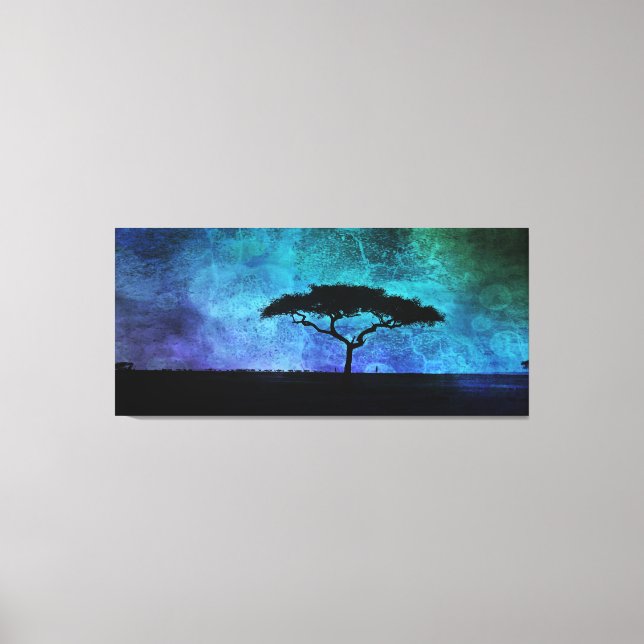 Afrikanische Akazienbaumlandschaft in Blau und Lil Leinwanddruck (Vorderseite)