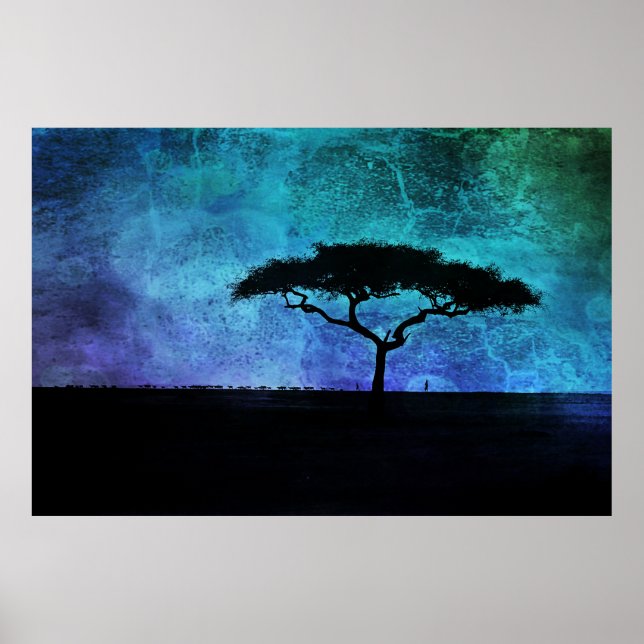 Afrikanische Akazienbaumlandschaft in Blau und Lil Poster (Vorne)