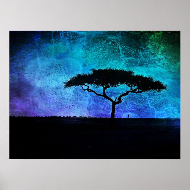Afrikanische Akazienbaumlandschaft in Blau und Lil Poster (Vorne)